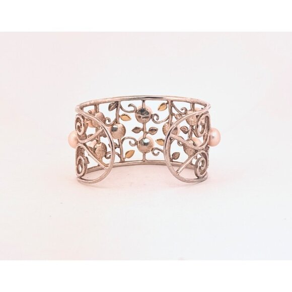 **Vintage 925 Sterling Silver Cuff Bracelet w/ Pearls & Leaf Filigree, Size 6” - Picture 3 of 9